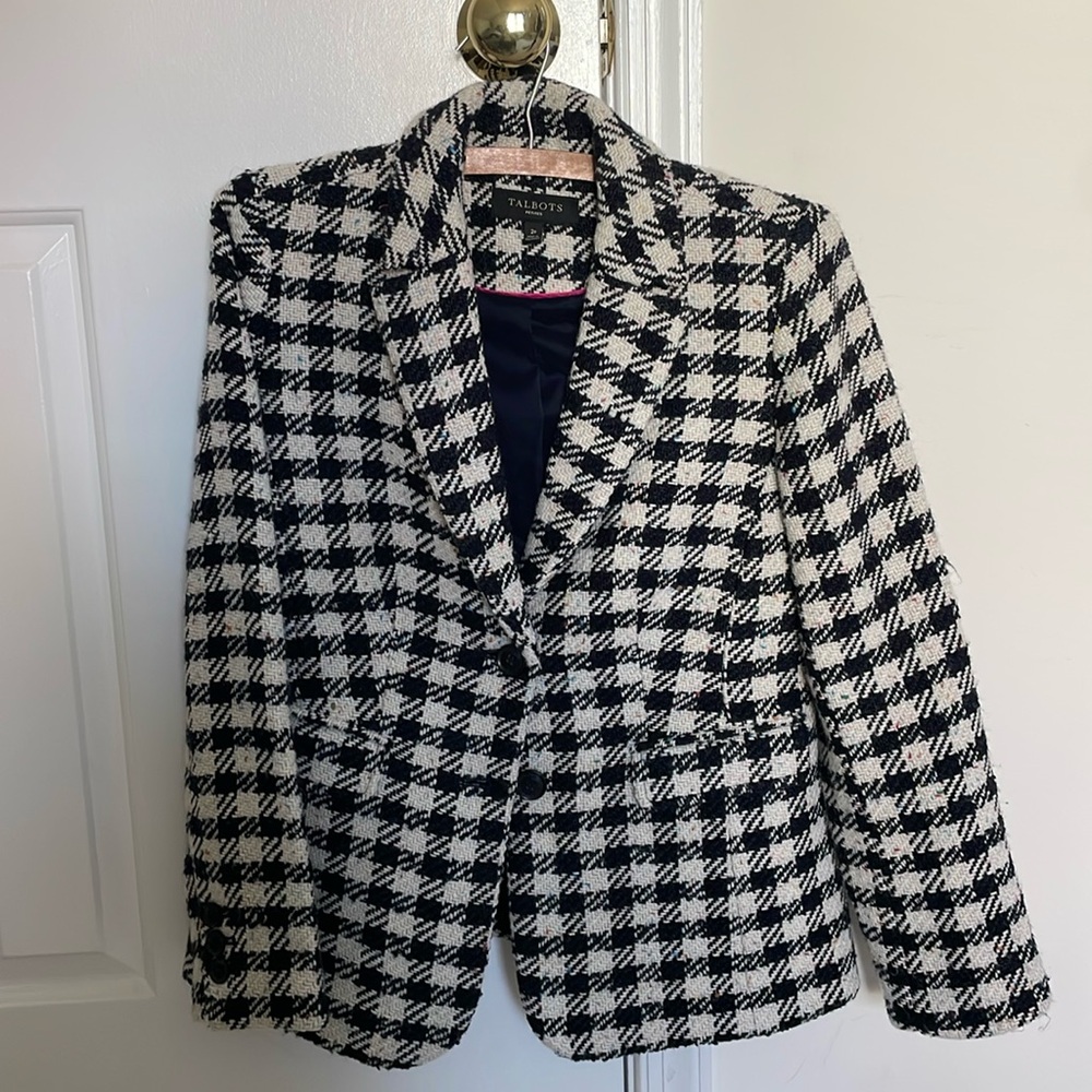 Talbots Blazer + Skirt Set - Black Cream Houndstooth Confetti Wool Blend